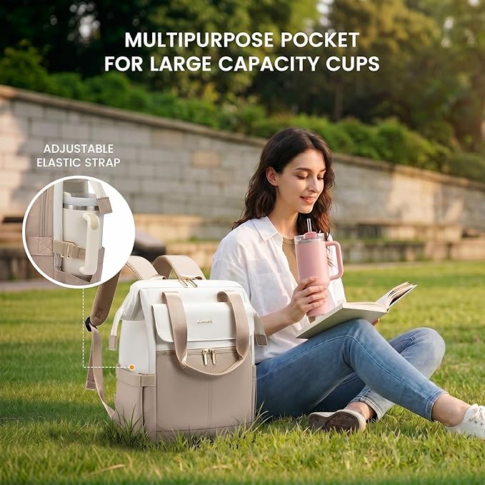 LOVEVOOK Laptop Backpack for Women, 15.6 Inch Work Laptop Bag with USB Port, Fashion Teacher Nurse Backpack Purse, Waterproof Travel Computer Backpack with Organizer Bag, 2PCS, Beige-Khaki