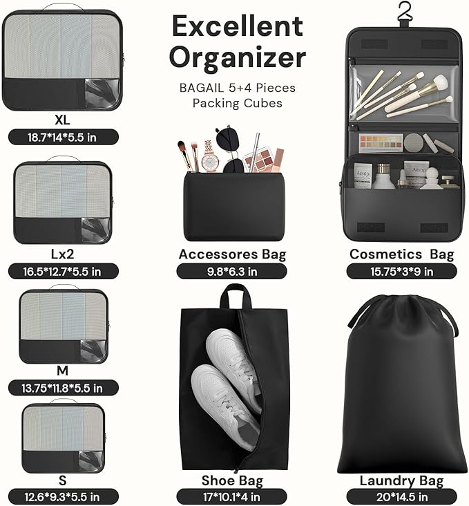 BAGAIL 9 Set Packing Cubes with Packing List Luggage Packing Organizers for Travel Accessories (Black)