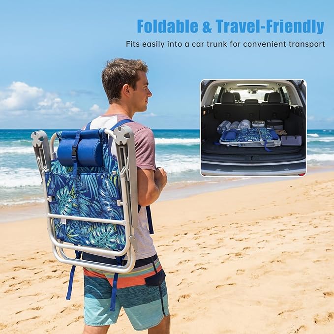 SUNNYFEEL Low Beach Chair, 5-Position Lay Flat Reclining, Backpack Portable Folding Chair with Cooler Bag & Cup Holder, Heavy Duty 350 LBS, Compact for Beach, Camping, Travel