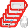 BlueCosto - Luggage Tags - Red, 10 Pack - Suitcase Tags with Name ID Card & Heavy-Duty Metal Wire Loops - Bright Colored PVC Identifiers for Travel Baggage - Backpack Name Labels