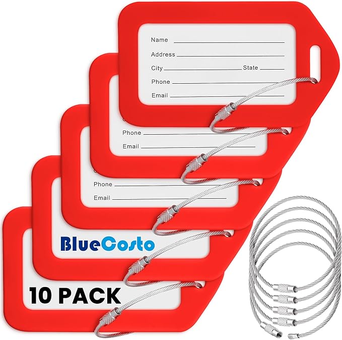 BlueCosto - Luggage Tags - Red, 10 Pack - Suitcase Tags with Name ID Card & Heavy-Duty Metal Wire Loops - Bright Colored PVC Identifiers for Travel Baggage - Backpack Name Labels