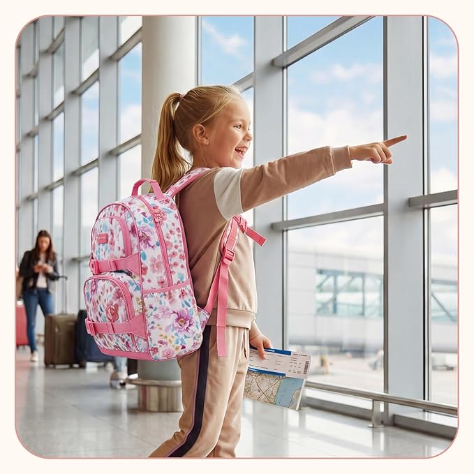 mommore Kids Backpack for Girls 4-8 with Lunch Box Elementary Kindergarten Preschool School Backpack 15'' Fit Folders Bottles, PInk Colorful Flowers