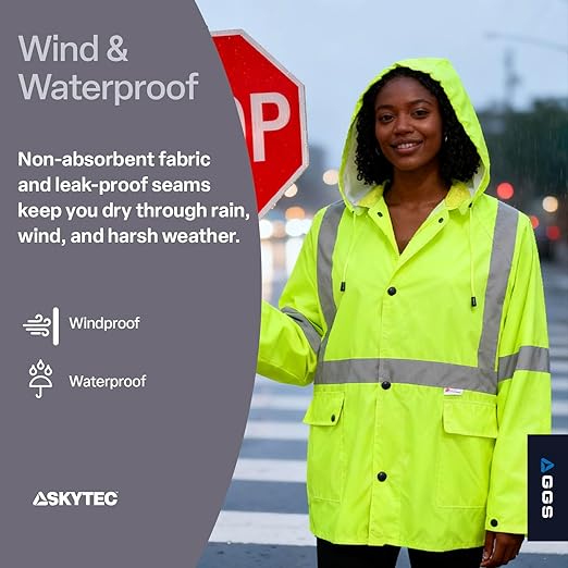 GGS Three-Piece Rain Suit - High Visibility, Waterproof Bibs and Jacket with Detachable Hood, Lightweight Rainwear for Construction, Camping, Hiking, Fishing Gear