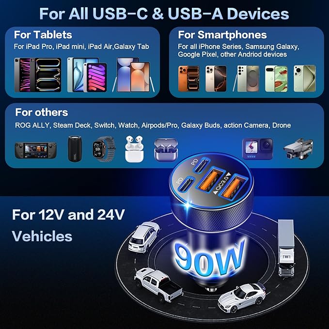 5 Pack USB C Car Charger, Multi Port 90W Super Fast Charging Cigarette Lighter Adapter, 4-in-1 Dual USB-C & USB-A Car Phone Power Adapter for iPhone 17/16/15/Pro Max, iPad, Samsung Galaxy S25
