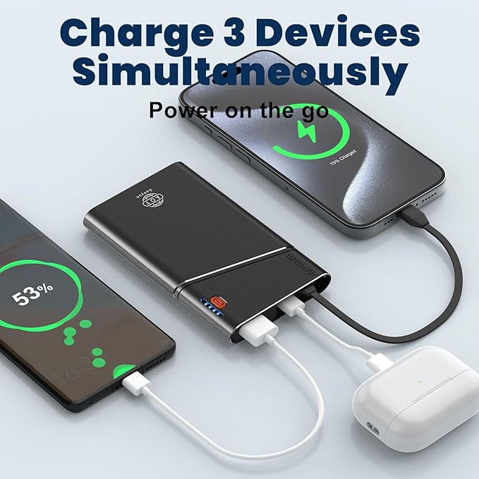 Aaoyun Portable Charger Power Bank, 10000mAh 22.5W PD Fast Charging Powerbank with Built-in USB C Cable, Slim External Phone Battery Pack for iPhone 17/16/15 Samsung S24 Android etc (Black)