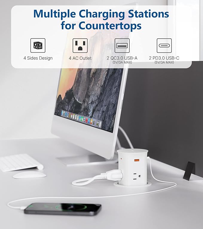 Pop up Outlet for Countertop with PD 20W USB C Fast Charging,3.15" Desk Grommet Power Station,4 Outlets,4 USB,Kitchen Island Pop Up Electrical Outlet, Office Power Supply