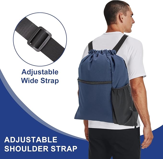 HOLYLUCK Men & Women Outdoor Sport Gym Sack Waterproof Drawstring Backpack Bag (Standard with width webbing, Navy Blue-1)