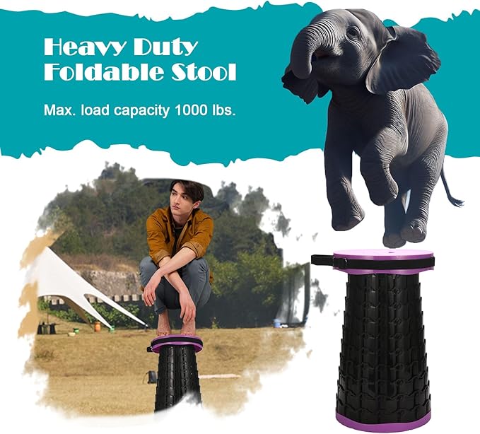 Spisces Upgraded Collapsible Stool with Cushion, 1000 lbs Capacity & 19.7-in High, Wider & Taller Heavy Duty Portable Telescoping Foldable Seat for Adults Camping, Travel, Music Festivals, Outdoors