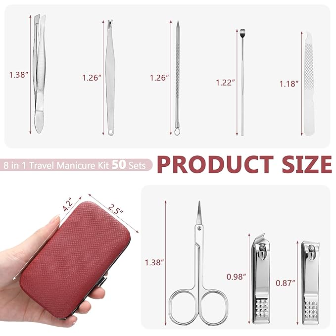 Geosar 50 Set 8 in 1 Travel Manicure Kit Bulk Professional Nail Clippers Pedicure Nail Care Tools Grooming Stainless Steel Set with Portable Travel Case, Gift for Valentine Men Women(Red)