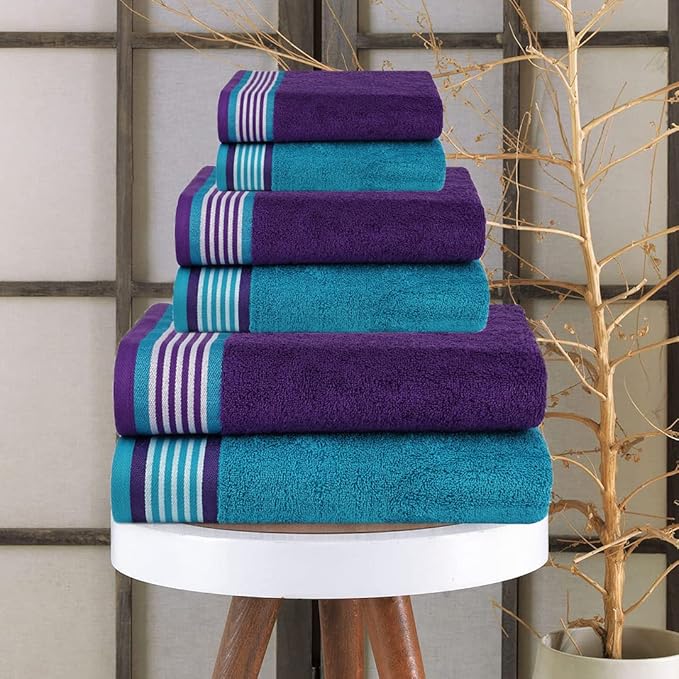 CASA COPENHAGEN He & She 6Pcs 100% Egyptian Cotton Large Designer Towels Gift Set- Indigo - Teal, 550GSM, 2Bath 2Hand 2Washcloths, Bath Towels for Bathroom (Gift Set for Women & Men)