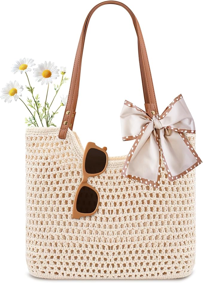 Peicees Crochet Beach Bag Purse, Boho Woven Tote with Leak-Proof Lining For Summer Vacation Travel Casual Shoulder Bag Soft