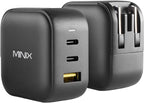 MINIX 66W Turbo 3-Port GaN Wall Charger 2 x USB-C Fast Charging Adapter, 1 x USB-A Quick Charge 3.0, Compatible with MacBook Pro Air, iPad Pro, iPhone 16/15/13/12/11, Galaxy S9 S8 and More (NEO P1)