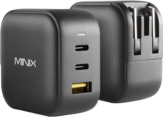 MINIX 66W Turbo 3-Port GaN Wall Charger 2 x USB-C Fast Charging Adapter, 1 x USB-A Quick Charge 3.0, Compatible with MacBook Pro Air, iPad Pro, iPhone 16/15/13/12/11, Galaxy S9 S8 and More (NEO P1)