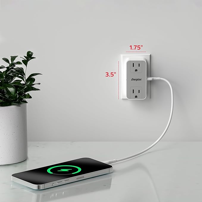 Energizer 5 Device Fast Charging Multi Plug Wall Outlet Extender (2) AC Power Outlets (1) 20W PD Type C (2) USB A (3.1A Total Output) Power Strip Expander Outlet Splitter Plug in Adapter