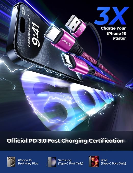 AINOPE USB C to USB C Cable, 10 FT USB C Cable Fast Charging with USB to USB C Adapter, 60W USB to USBC Cable for iPhone 17 Pro Max Air Type C Cable for iPhone 16/15/14/13/12, Magenta