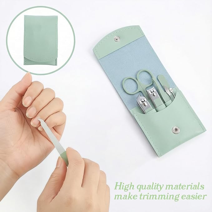 Manicure Set, 7 Pcs Professional Nail Clippers Scissors Pedicure Tools Kit, Carbon Steel Travel Nail Care Clippers with Green Leather Bag, 7 in 1 Portable Travel Grooming Kit for Women Men (Green)