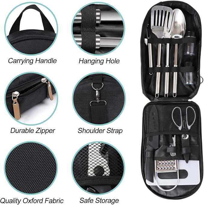 12-Piece Camping Kitchen Utensil Set – Portable Outdoor Cooking Utensils for Camping, RV, Backpacking & BBQ | Complete Camp Kitchen Gear Set with Carry Bag, Grilling Tools & Cooking Accessories