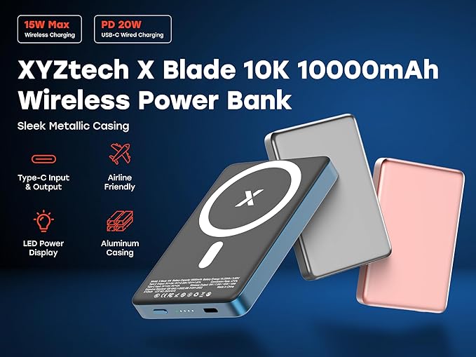 X Blade 10K Slim Magnetic Power Bank - 10000 mAh - MagSafe Portable Charger for iPhone and Samsung, Wireless Fast Charging USB-C PD 20W, Ultra Thin Metal Design, Metallic Blue