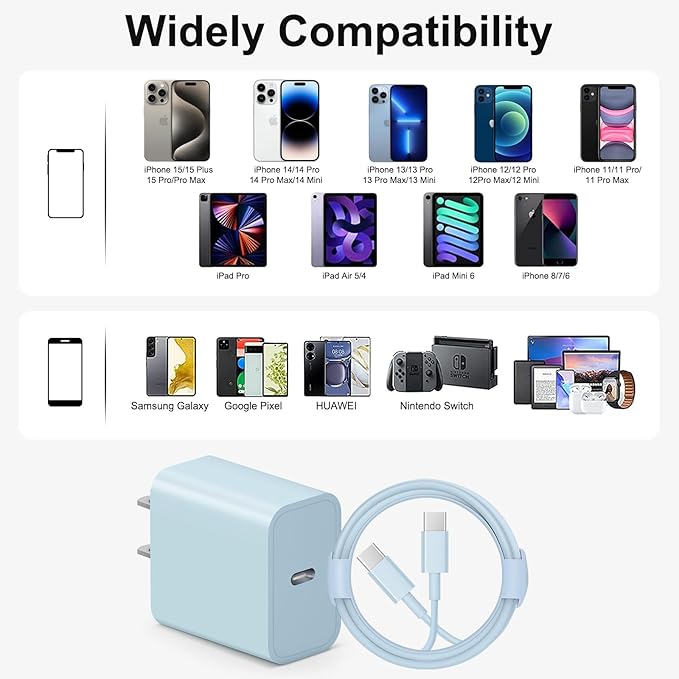 iPhone 17 16 15 Charger Fast Charging 6FT - 20W USB C Charger Block with 6FT Type C to C Cable Compatible with iPhone 17/17 Pro/17 Pro Max/Air/16/16e/15, iPad Pro, iPad Air (Blue)