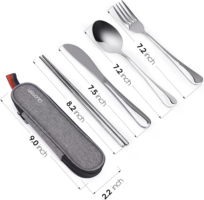 Travel Utensils with Case, Quatish Portable Silverware Set for Work, Stainless Steel Reusable Travel Cutlery, Fork and Spoon Set for Camping, Picnic, Gadgets, Lunch Box for Men, Christmas Gift, Silver