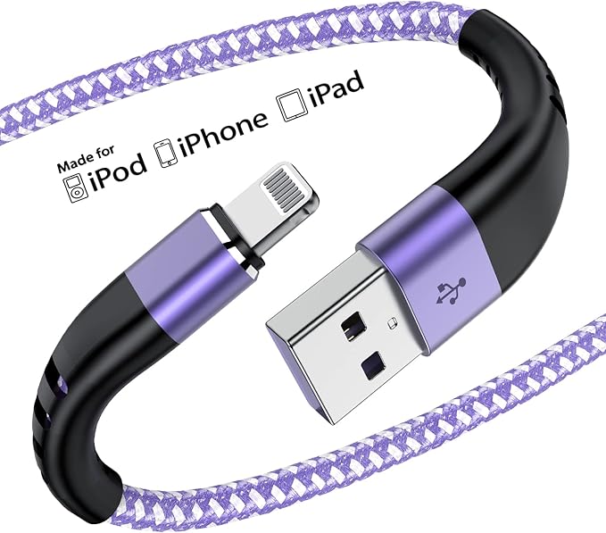 iPhone Charger 1ft, Apple MFi Certified Short Lightning Cable Strong Nylon Braided Charging Cable 1 Foot, Fast iPhone USB Cord for Apple iPhone 14/13/12/11/X/XS/XR/8/iPad Mini Air-Purole