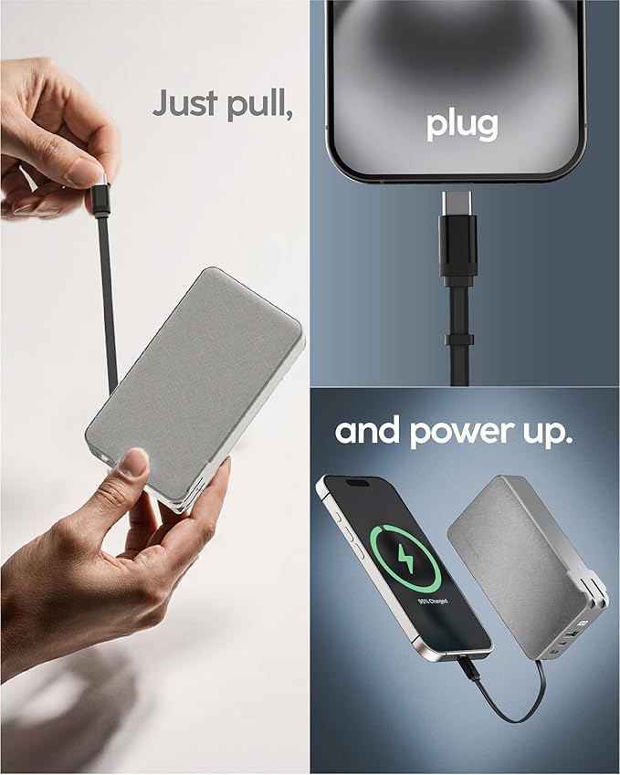 myCharge RetractaCharger 10000mAh Portable Charger Power Bank with 28-Inch Retractable USB-C Cable | Built-in Wall Plug | 30W PD Fast Charging | USB-C & A Ports | Digital Display | Grey