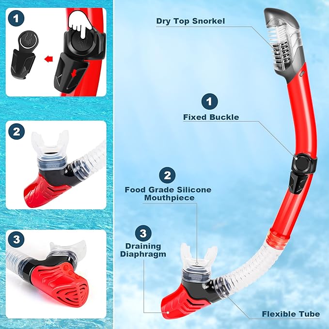 ZEEPORTE Mask Fin Snorkel Set, Travel Size Snorkeling Gear for Adults with Panoramic View Anti-Fog Mask, Trek Fins, Dry Top Snorkel and Gear Bag for Swimming Training, Snorkeling Kit Diving Packages