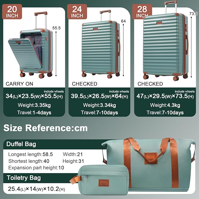 5 Piece Luggage Set w/TSA Locks & USB Port, Front Opening Hard Shell Luggage Sets, Expandable Suitcase Set with Wheels and Cup Holder(20"/24"/28") (Blue Green)