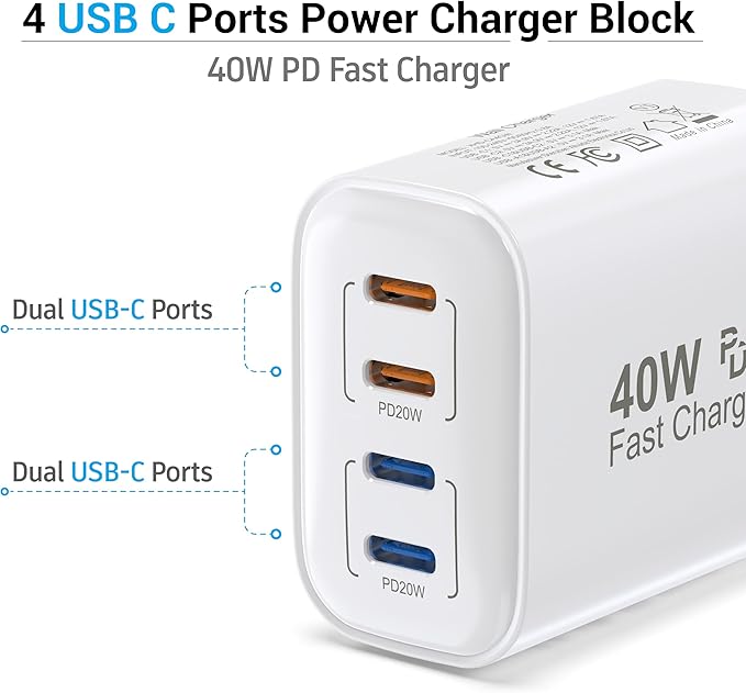 40W USB C Charger Block, 2-Pack, 4 USBC Ports, Type C Wall Plug USB-C Fast Charging, iPhone Charger Adapter Box Cube for iPhone 17, 17 Air, 17 Pro, 17 Pro Max,16, 15, 14, 13, 12, Samsung Phone