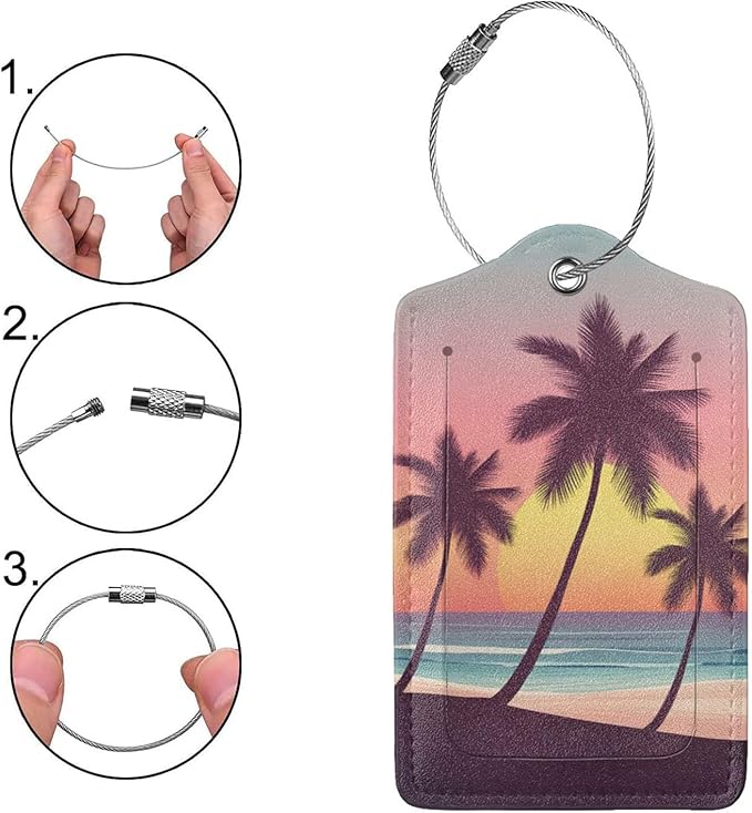 2 Pack Luggage Tags for Suitcases, PU Leather Bag Tag with Privacy Cover Address Card Travel Essentials-Beach Palm Tree