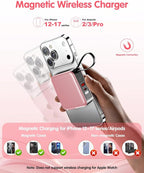 6-in-1 for Magsafe Portable Charger with Built-in Cables & Wall Plug,10000mAh Magnetic Wireless Power Bank,22.5W Fast Charging USB C Battery Pack,Travel Essentials for iPhone 17/16/15/14/13/12,Pink