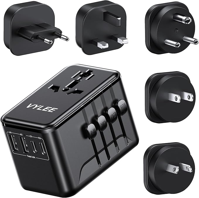 VYLEE Universal Travel Adapter, Type D/G/C/I/A International Adaptor with 2 USB C 2 USB A, Worldwide Charger for Europe UK Maldives Sri Lanka India Nepal Ghana Zimbabwe Tanzania Nigeria (Black)
