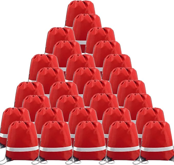 BeeGreen 30 Pieces Red Drawstring Bags Bulk String Backpacks, Cinch Sacks for Gym Sport Trip, Reflective Strips DIY for Women and Men