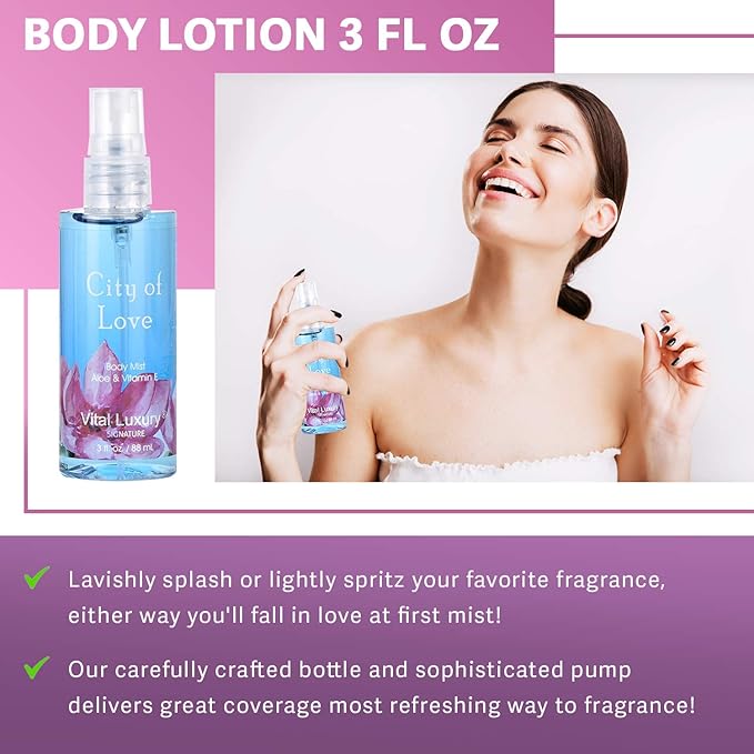 Bath and Body Gift Set for Women & Girls, City of Love Spa Set, Personal Self Care Travel Kit, 3PCS Set with Shower Gel, Body Lotion, Body Mist - Mother's Day Birthday Gifts for Her