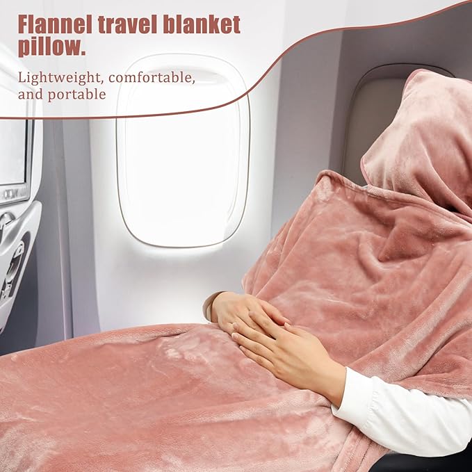 Travel Blanket, 2 in 1 Soft Flannel Airplane Blanket Warm Travel Blanket Pillow with Luggage Strap and Buckle, Portable Compact Flight Blanket for Cars Airplanes Camping 63x39 Inch (Pink)