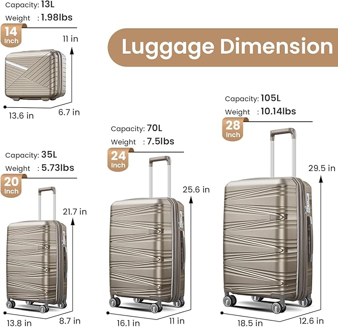 4 Piece Luggage Set, Hardside Expandable Lightweight Suitcase with 360° Mute Spinner Wheels Luggage Sets, TSA Lock, 14/20/24/28 Inch Travel Luggage for Men, Women and Girls (Champagne 3)