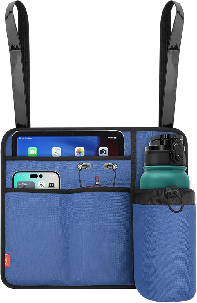 Airplane Seat Back Organizer & Storage, Airplane Tray Table Cover for Personal Items, Airline Seat Hanging Pockets Media Pouch,Reusable Travel Essentials,Fits Tablets,Cell Phone,Water Bottle (Blue)