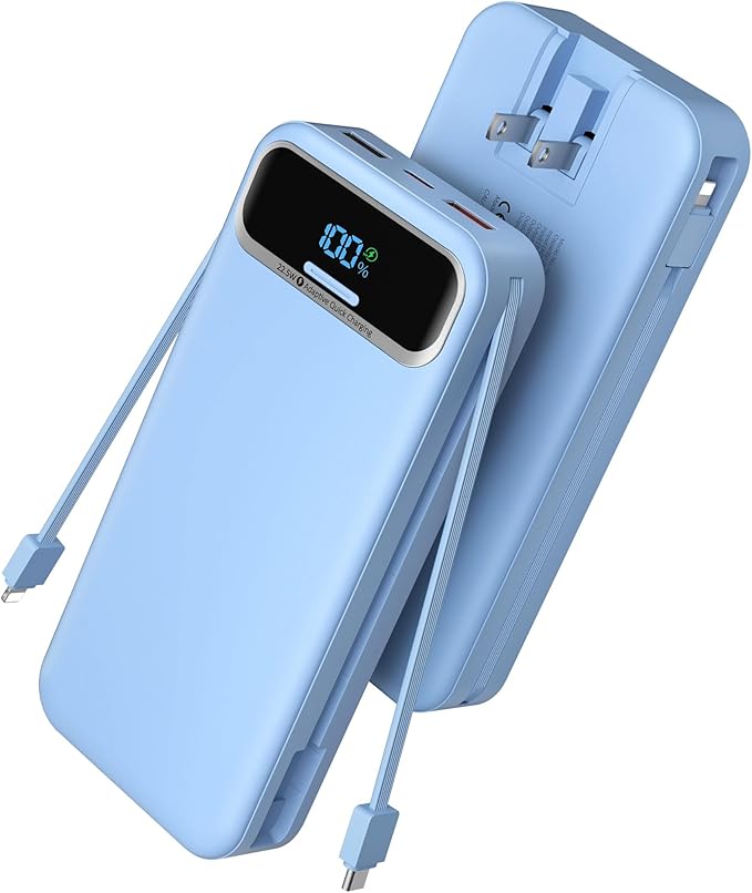 Portable Charger, 20000mAh 22.5W Fast Charging Power Bank with Built-in Cables & Wall Plug, Travel Essential External Battery Pack with LED Display, USB C Battery Phone Charger for iPhone Samsung Blue