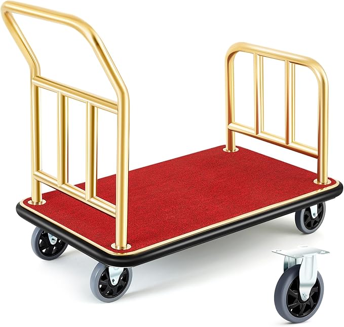 Gilprop Hotel Luggage Cart Bellman's Cart Rectangular Steel Deluxe Platform Truck Holds 850lbs of Luggage(Red)