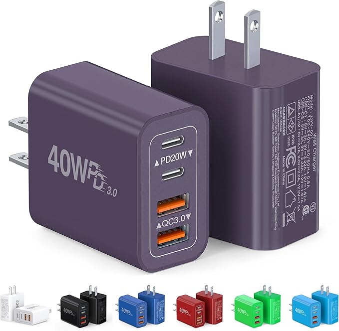 [2-Pack] 40W USB C Charger Block, 4-Port Type C Fast Charging Brick Dual PD&QC Wall Plug Adapter Power Brick for iPhone 13/14/15/16/17 Pro Max Plus/iPad/Airpods/iwatch/Samsung Galaxy (Purple)