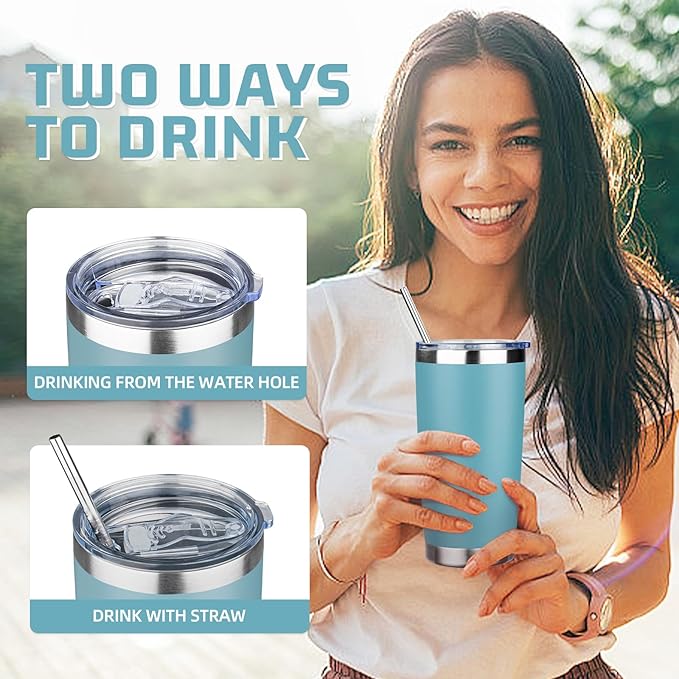 20 oz Tumbler with Lids and Straws, Stainless Steel Insulated Travel Coffee Mug, Double Wall Vacuum Insulated Tumblers, Powder Coated Coffee Tumbler for Cold & Hot Drinks (Azure Blue,4pack)