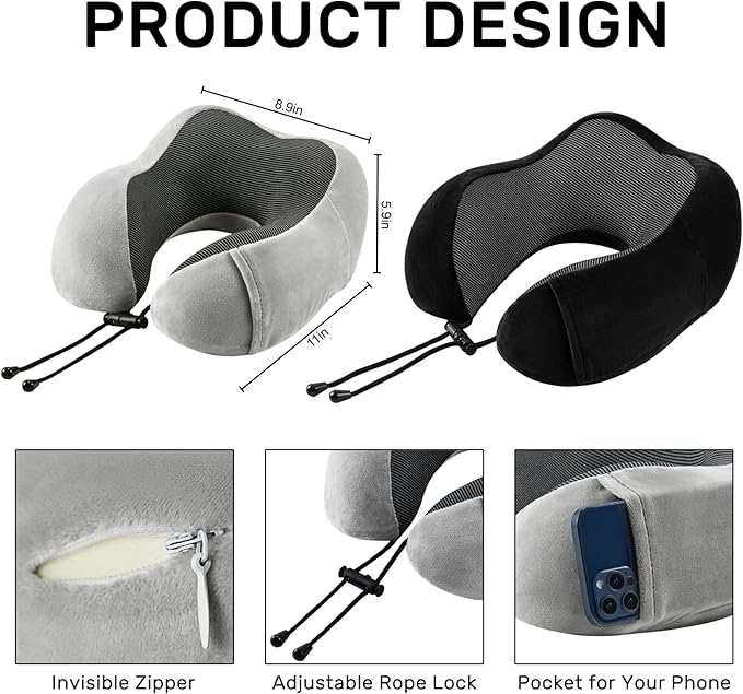 urnexttour Neck Pillow Airplane-2 Pack Memory Foam Travel Pillow, Soft Support Travel Neck Pillow for Travelling, Sleeping Rest, Car, Train and Home Use (Black&Grey)
