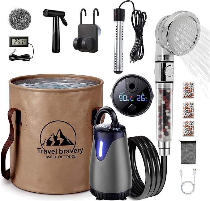 BSEED Portable Shower for Camping with Immersion Water Heater, 8000mAh Rechargeable Camping Shower with Large Capacity Foldable Bucket, Outdoor Shower for Hiking RV, Travel, Pet Bath, Car Washing