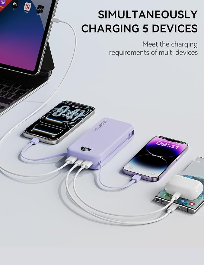 Portable Charger, 20000mAh 22.5W Fast Charging Power Bank with Built-in Cables & Wall Plug, USB C External Battery Pack with LED Display, Travel Essentials Phone Charger for iPhone iPad Samsung Purple