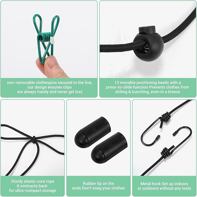 Retractable Portable Travel Clothesline with 12 Clips, Indoor Outdoor Clothes Drying Rack for Hotel, Cruise, Camping Accessories
