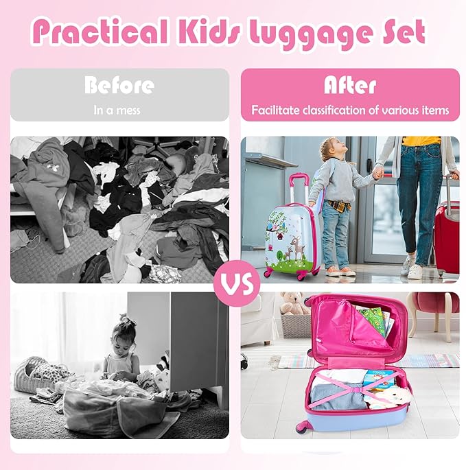 BABY JOY 2 PC Kids Luggage, 16" Toddlers Carry-on Suitcase & 12” Backpack Set, Children Travelling Case w/ 4 Casters & Retractable Handle, Lightweight Trolley Case for Boys & Girls (Deer)