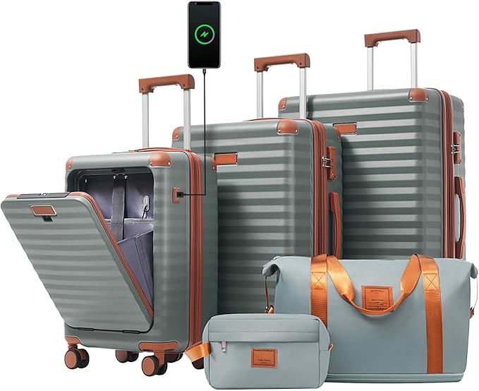 5 Piece Luggage Set w/TSA Locks & USB Port, Front Opening Hard Shell Luggage Sets, Expandable Suitcase Set with Wheels and Cup Holder(20"/24"/28") (Blue Grey)