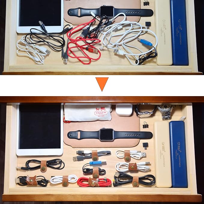 CAILLU Cord Organizer 10 Pack,Cord Holder,Cable Clips Leather,Cable Organizer USB Holder,Cord Keeper,Phone Wire Organizers Ties Mens Stocking Stuffers for men