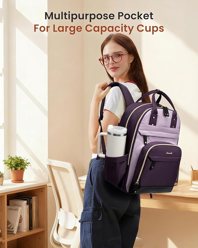 LOVEVOOK Laptop Backpack Women with Giant Tumbler Holder,15.6 inch Work Travel Backpack Computer Laptop Bag,Cute College Nurse Teacher Backpack Purse,Gift for Women & Men,Dark purple-Purple-Rust red