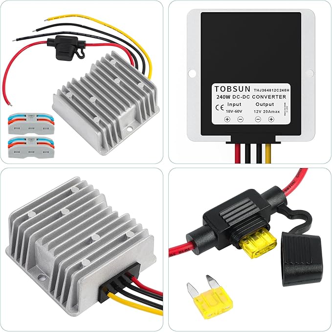 20A 240W DC 18V 20V 24V 36V 48V to 12V Voltage Converter with Fuse Step Down Regulator Buck Reducer Power Converter Waterproof Transformer for Golf Cart(Inputs 18V-60V to 12V 20A)